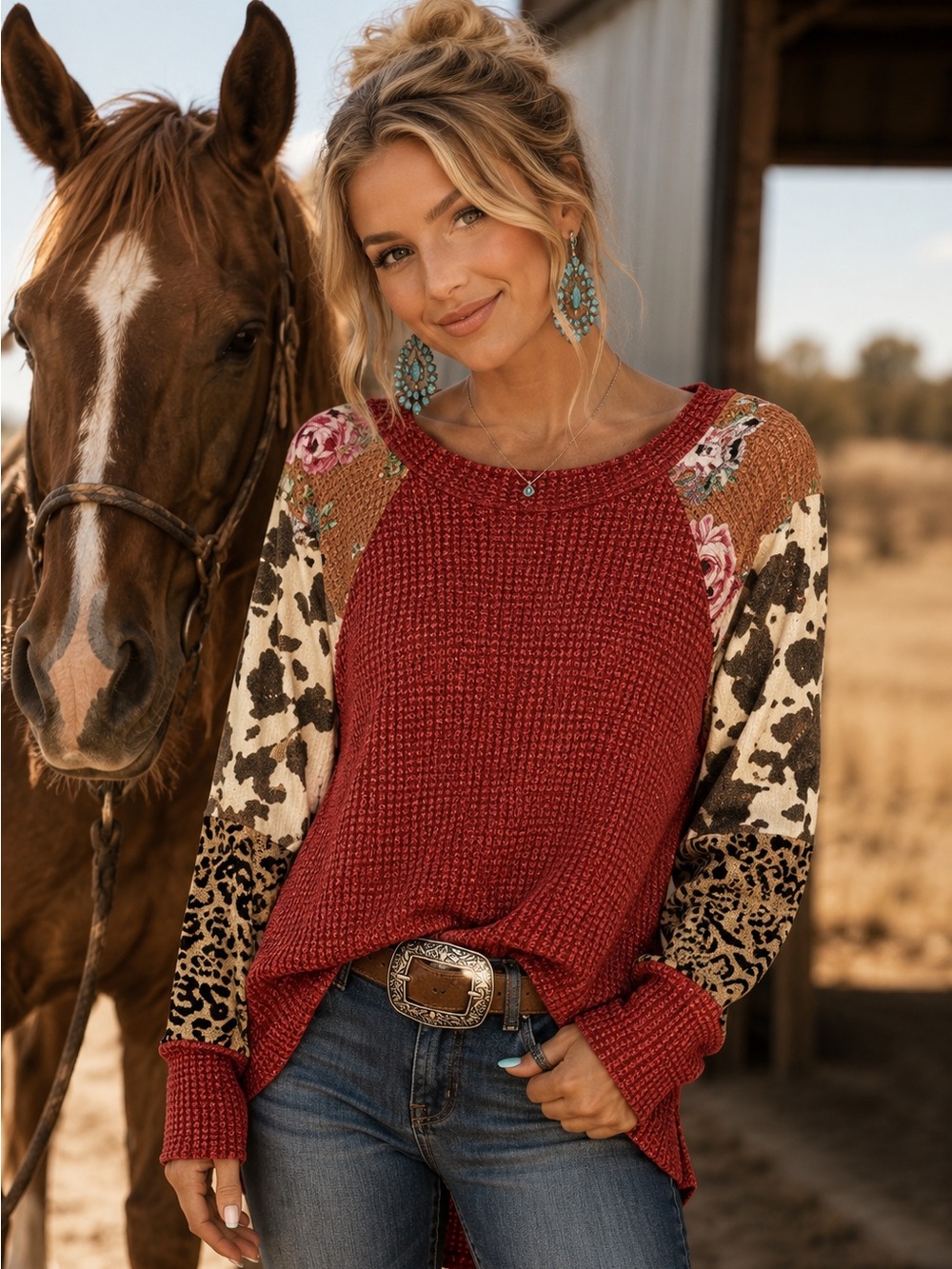 Hailey & Co. Rust Red and Animal Print Western Long Sleeve Top Size Small